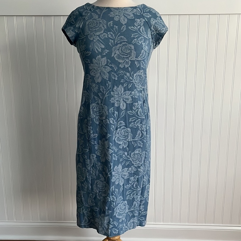 vintage 90s boat neck floral denim sheath dress [0426]